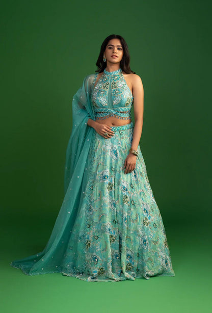 Atlantis Aquamarine Blue  Lehenga with Embellished Blouse Set