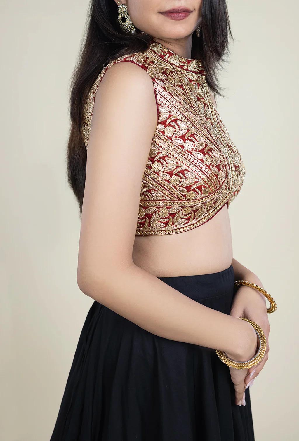 Maroon Sequence and Zardozi Hand Embroidery Blouse