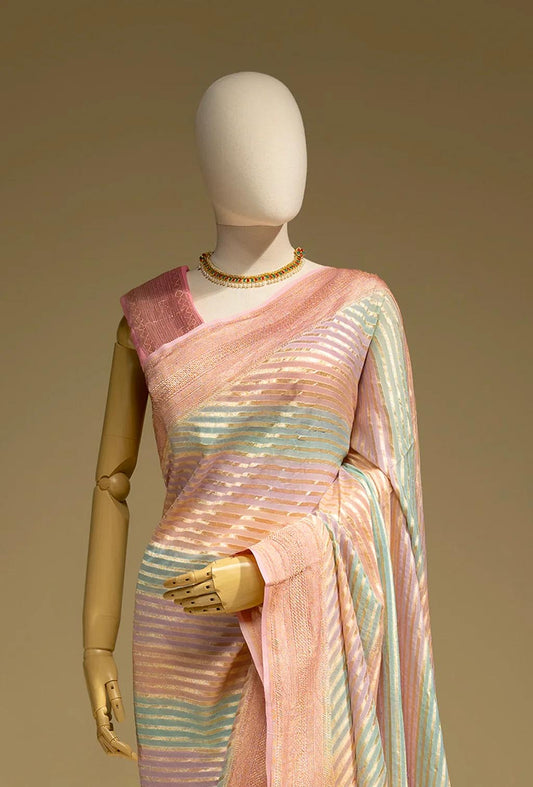 Lehriya Saree In Khadi Chiffon In Light Pink With Pastel Stripes