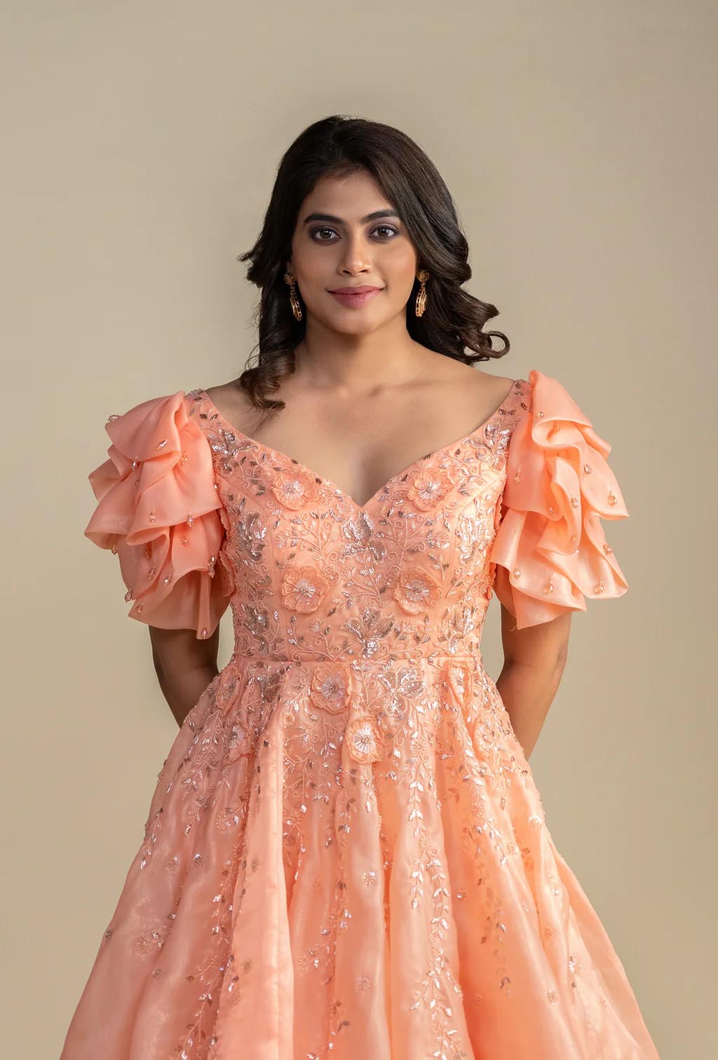 Fiona Coral Short Ruffle Sleeves Gown