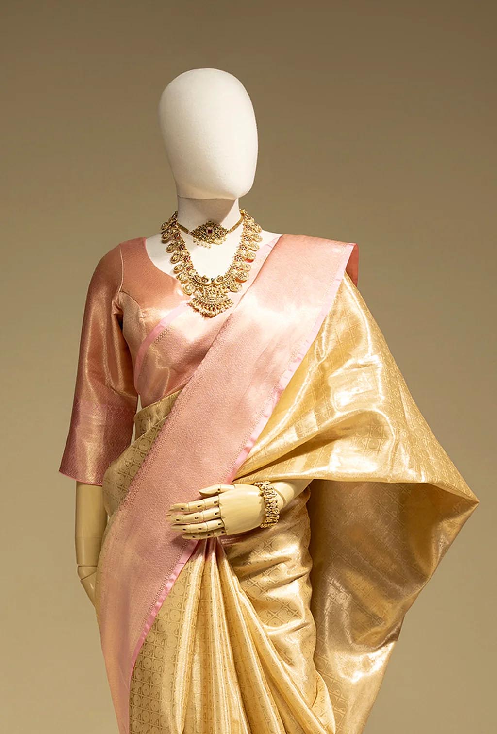 Tissue Silk Saree In Golden And Pink With Paisley Motifs