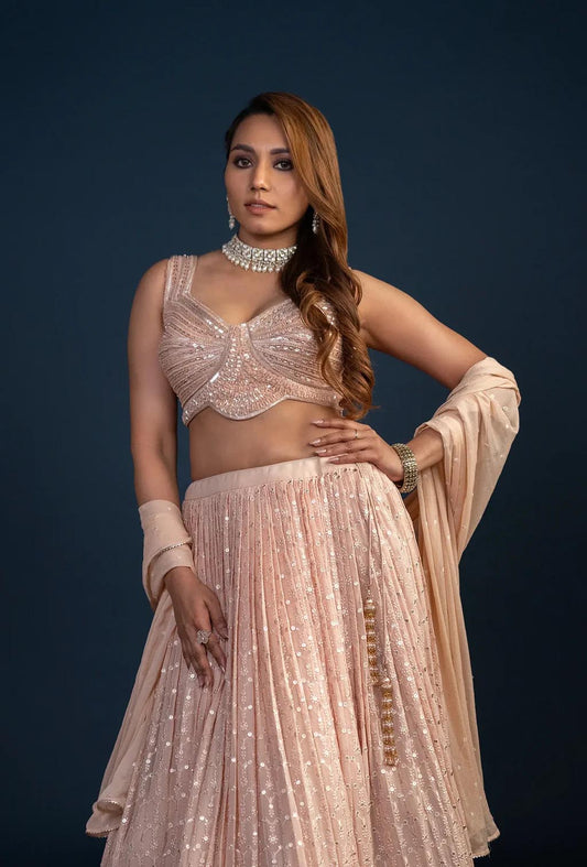 Eden Light Pink Dupion Silk Blouse With Chiffon Dupatta Lehenga Set