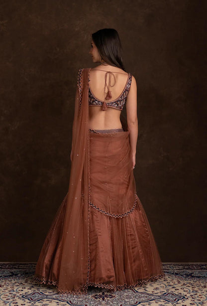 Saira Rust Red Mermaid Ruffle Lehenga Saree