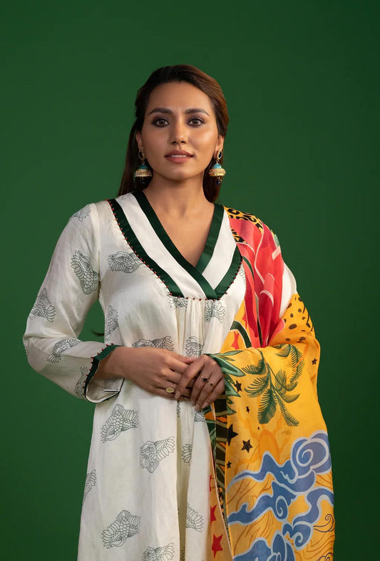 White Floral & Animal Print Kurta Set