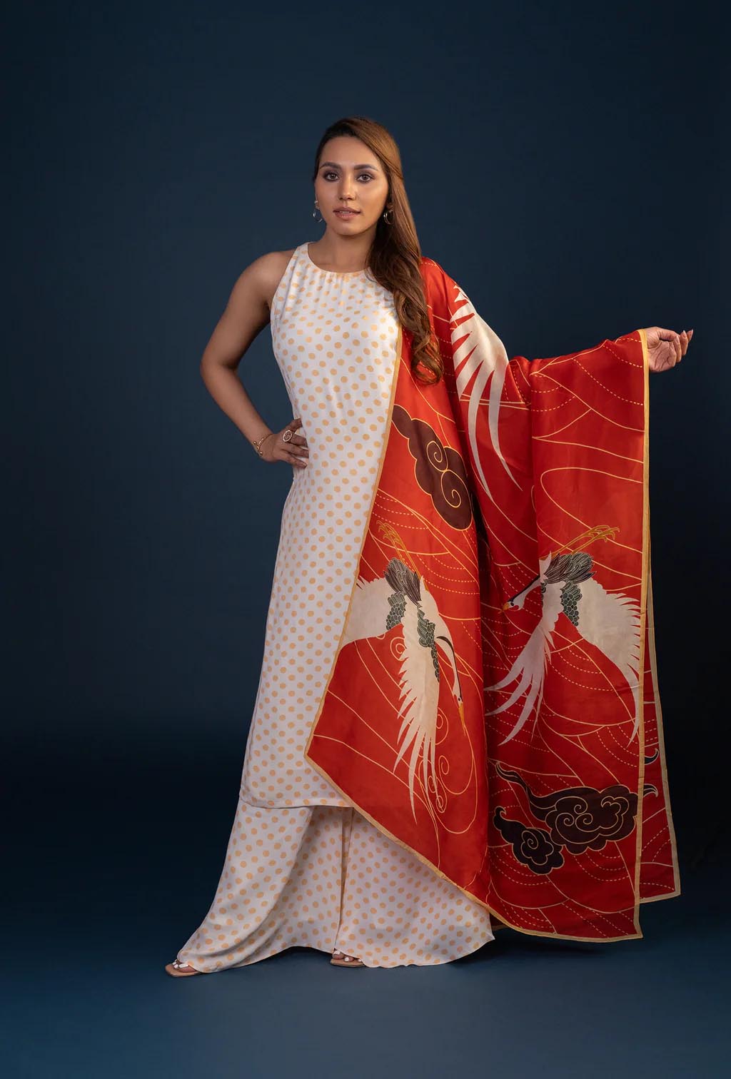 White Polka Dotted Kurta Set with Red Dupatta