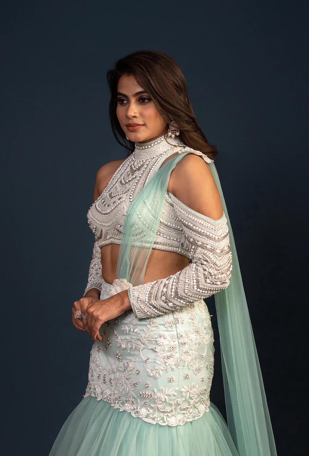 Adara Turquoise Green Mermaid Ruffle Lehenga Set with Heavy Bead Work