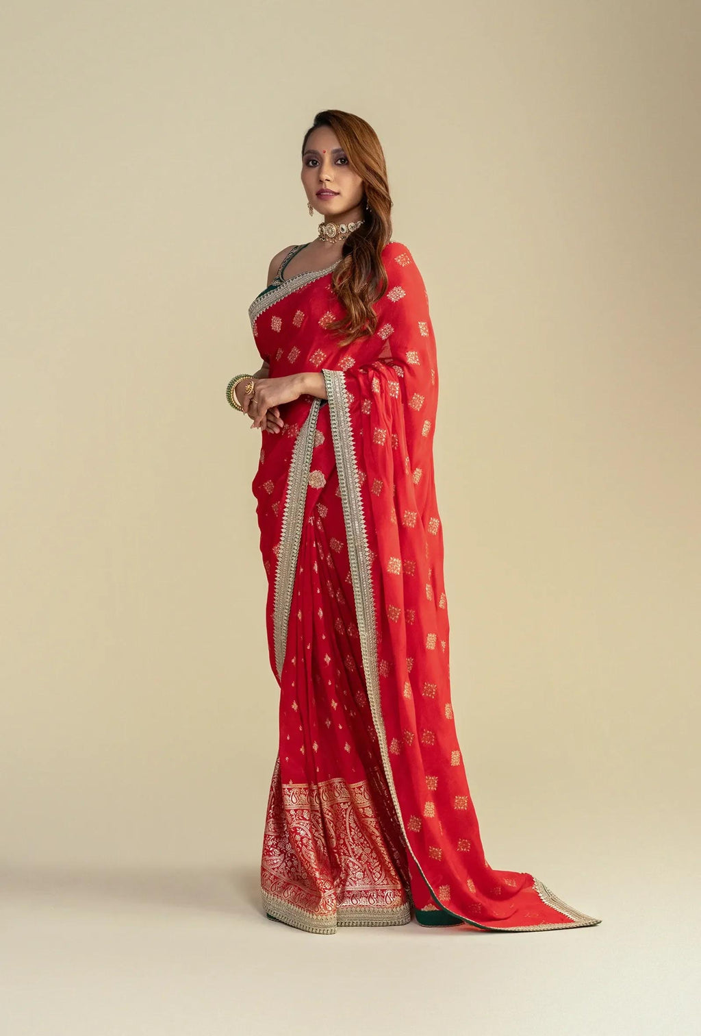 Reet Red Chinnon Buti Work Silk Saree with Emerald Green Blouse