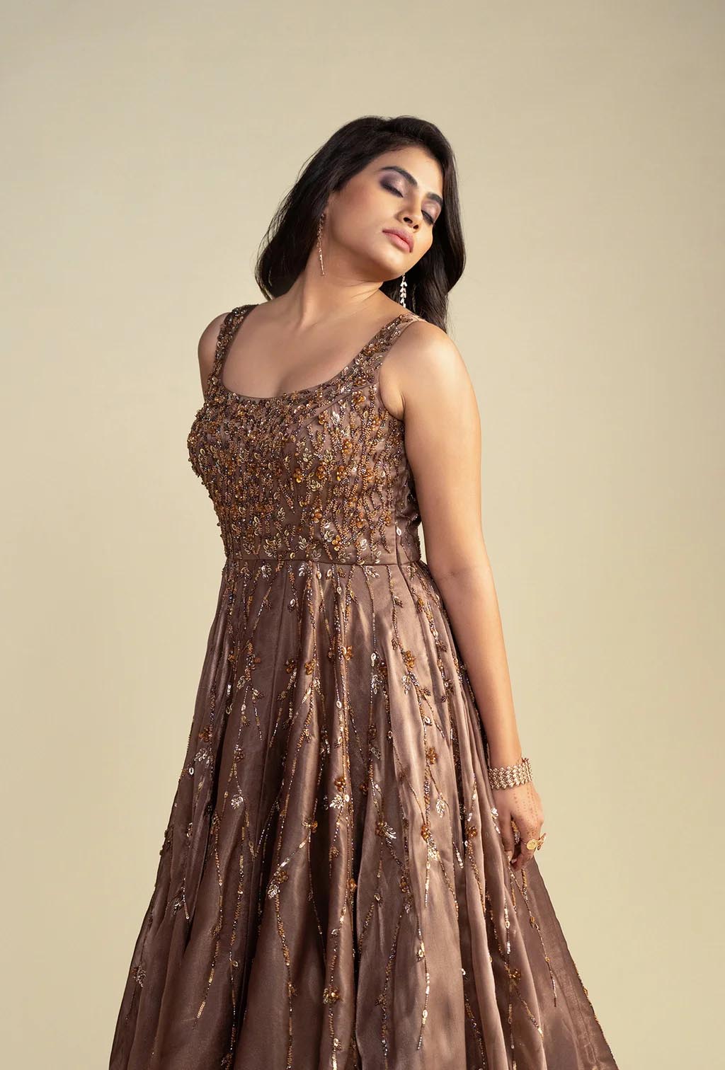 Fiza Ginger Brown Glass Organza Embroidered Gown