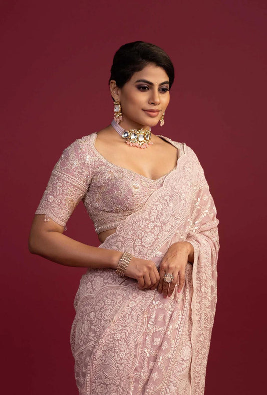 Saanjh Peachy Pink Lucknowi Pre Pleated Saree