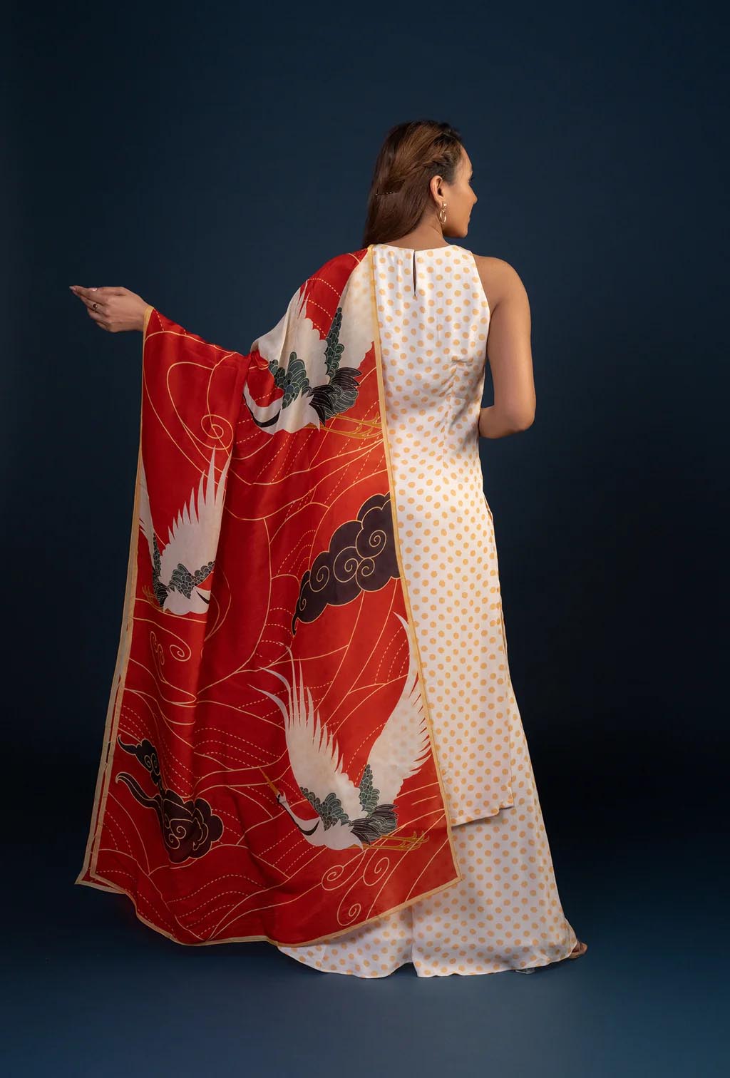 White Polka Dotted Kurta Set with Red Dupatta