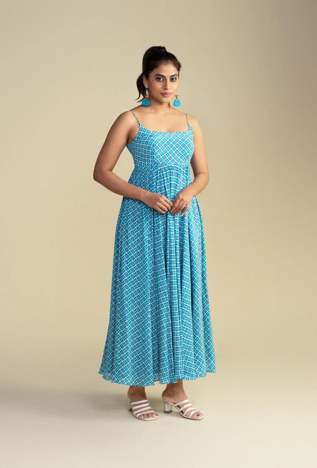 Spaghetti Sleeves Geometric Print Maxi Dress