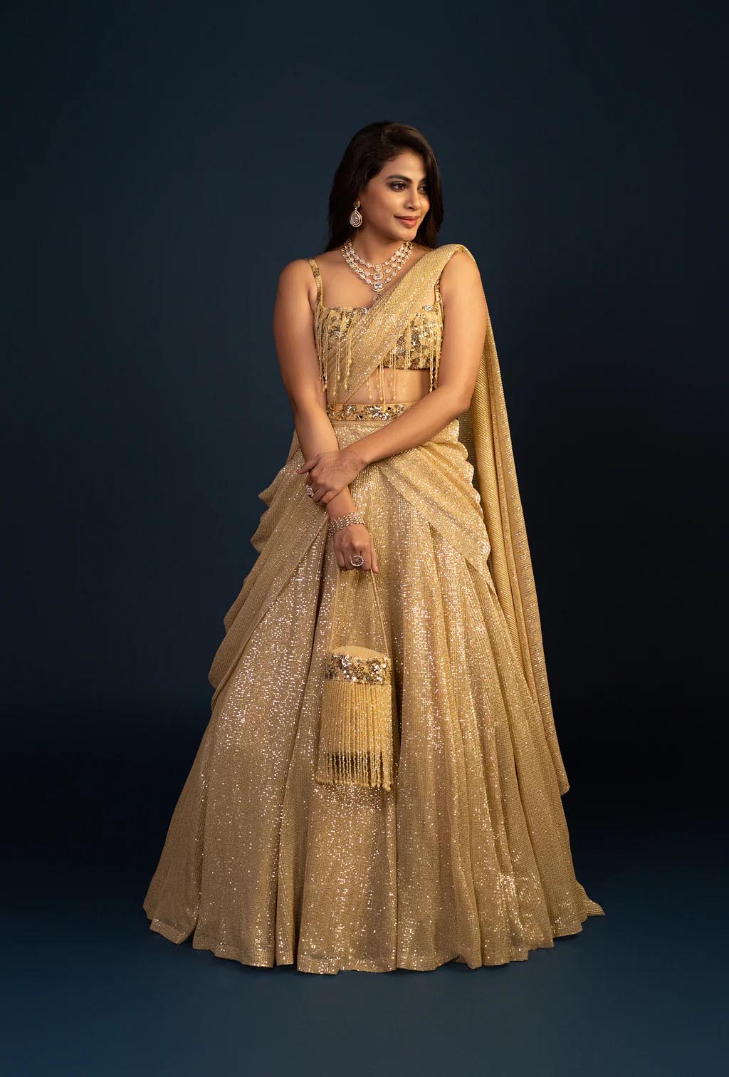 Eskimo Golden Glam Stone Work Lehenga with Sequined Attached Dupatta