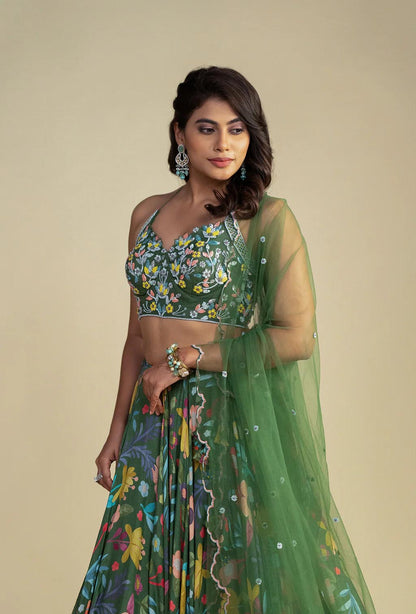 Amber Green Digitally Printed Tie-up Choli Lehenga Set