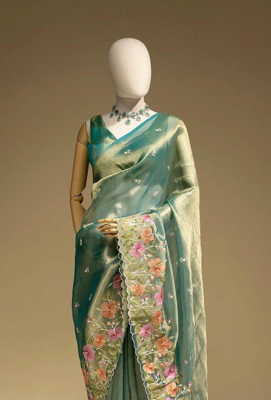 Crushed Tissue Silk Saree In Teal Green For Sophisticated Charm