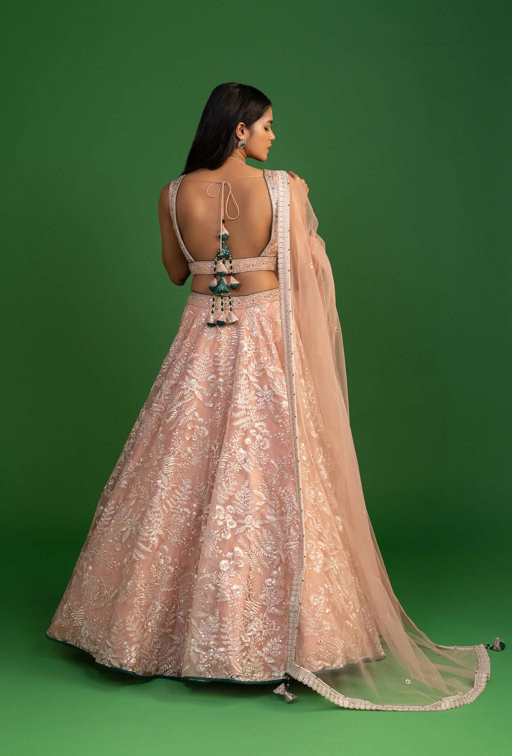 Camille Peach Embellished Cut Dana Organza Lehenga Set