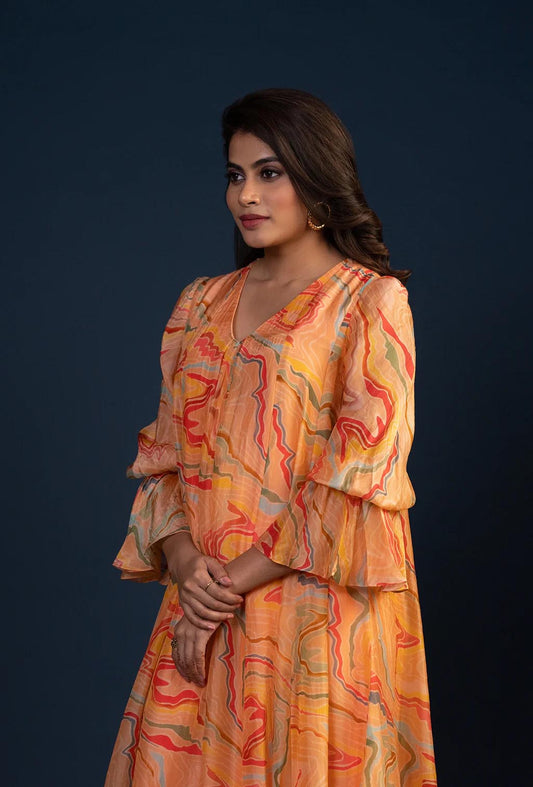 Peach Abstract Print Midi Dress