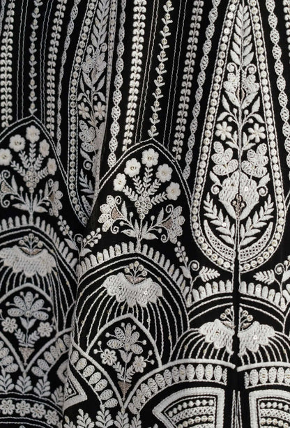 Regalia Black Ruffled Blouse with Chikankari Handwork Lehenga & Choker Dupatta