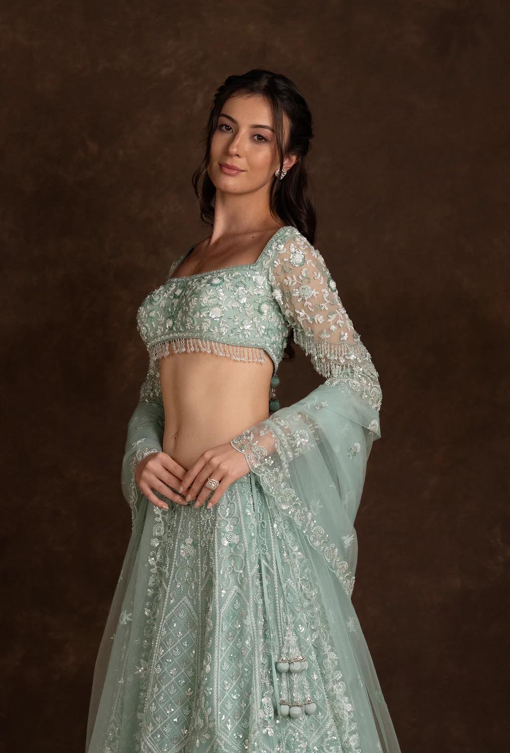 Glimmer Mint Blue Square Neck Sequined Embroidered Set