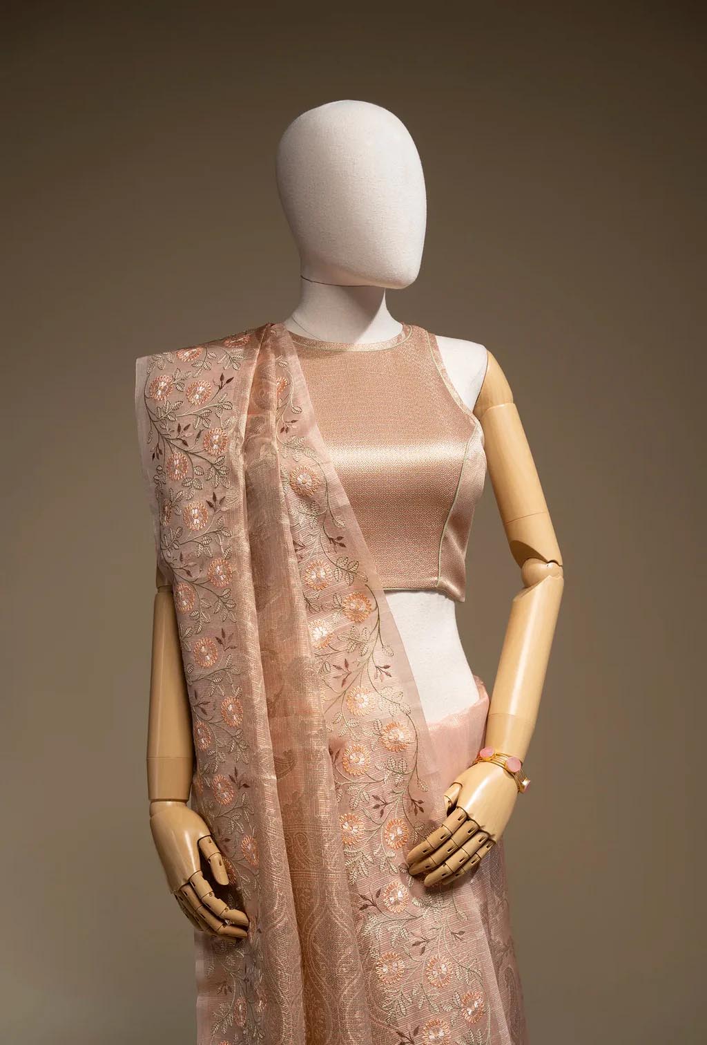 Blush Pink Khadi Tissue Threadwork Saree With Unstitched Blouse