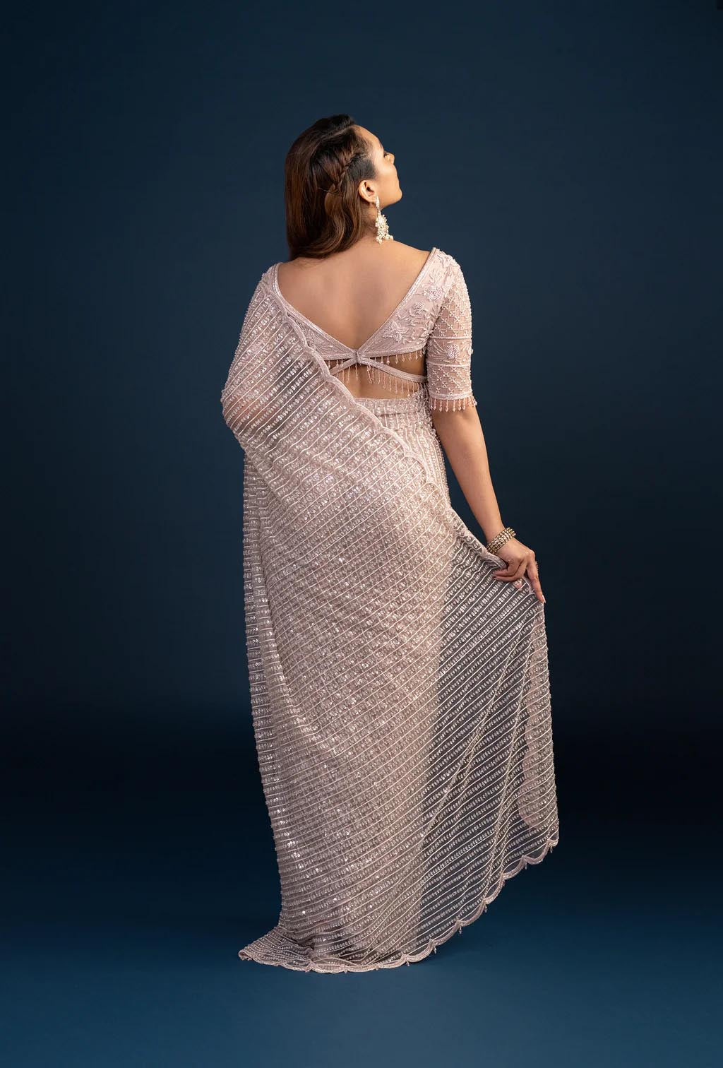 Raina Dusky Pink Pre Pleated Saree with Crystal Tassels