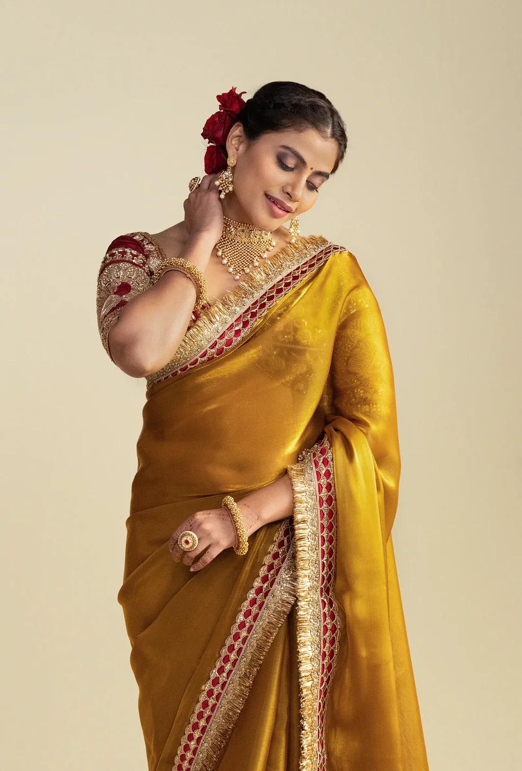 Aarna Golden Glass Tissue Saree with Red Zardozi Blouse
