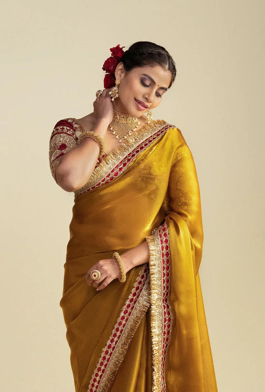 Aarna Golden Glass Tissue Saree with Red Zardozi Blouse