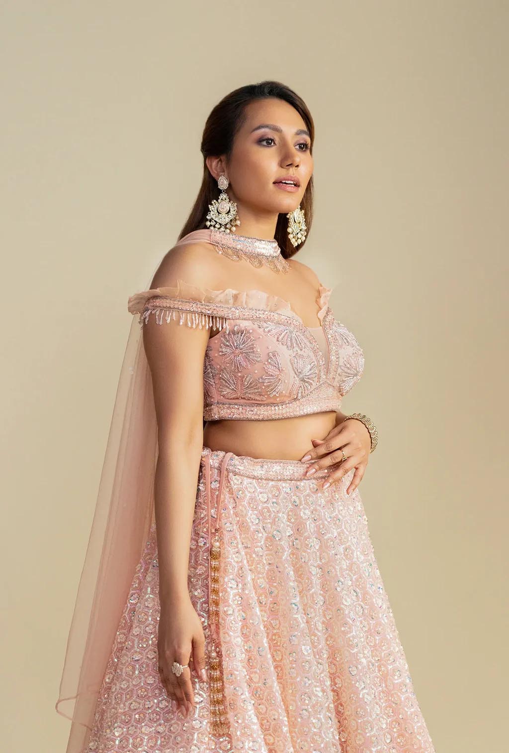 Dewdrop Romantic Pink Sequined Lehenga with Off Shoulder Sleeves