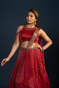 Cider Rust Red Embroidered Lehenga Set with Attached Dupatta