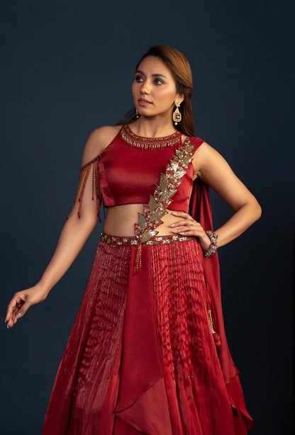 Cider Rust Red Embroidered Lehenga Set with Attached Dupatta