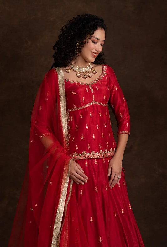 Raya Red Peplum Jacket Zariwork Lehenga Set with Net Dupatta