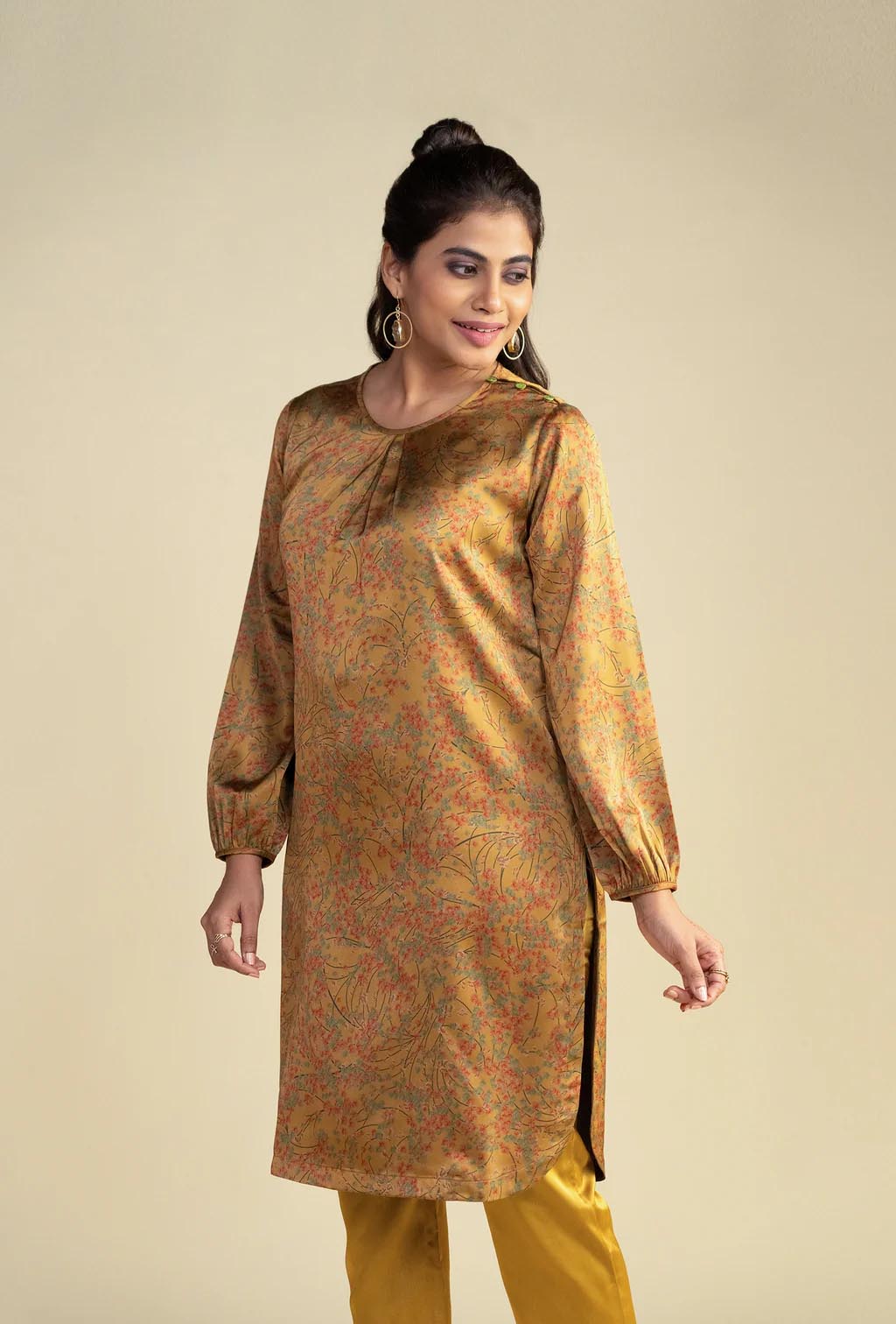 Golden Palm Crepe Satin Kurta Set