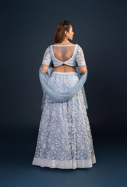 Nyra Frost Blue Floral Embroidery Lehenga Set
