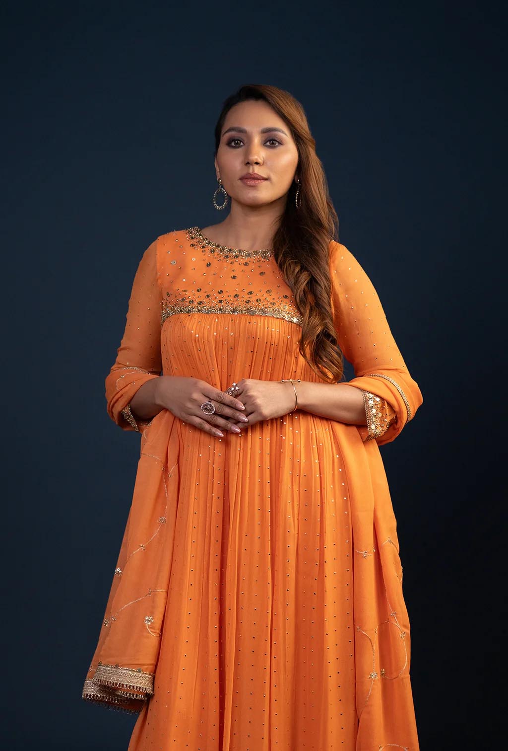 Sunset Orange Empire Line Long Kurta Set