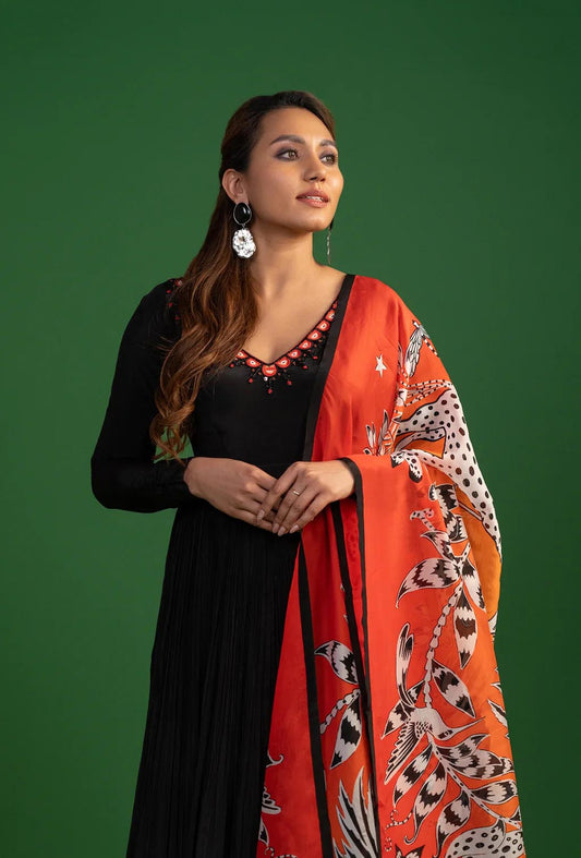 Black Anarkali with Orange Printed Dupatta