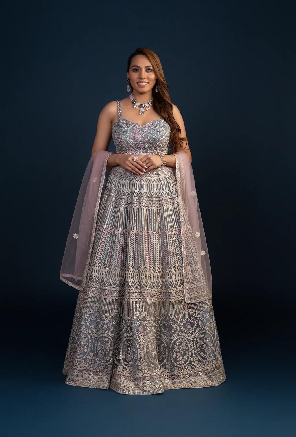 Mist Dusty Blue Threadwork Net Lehenga Set