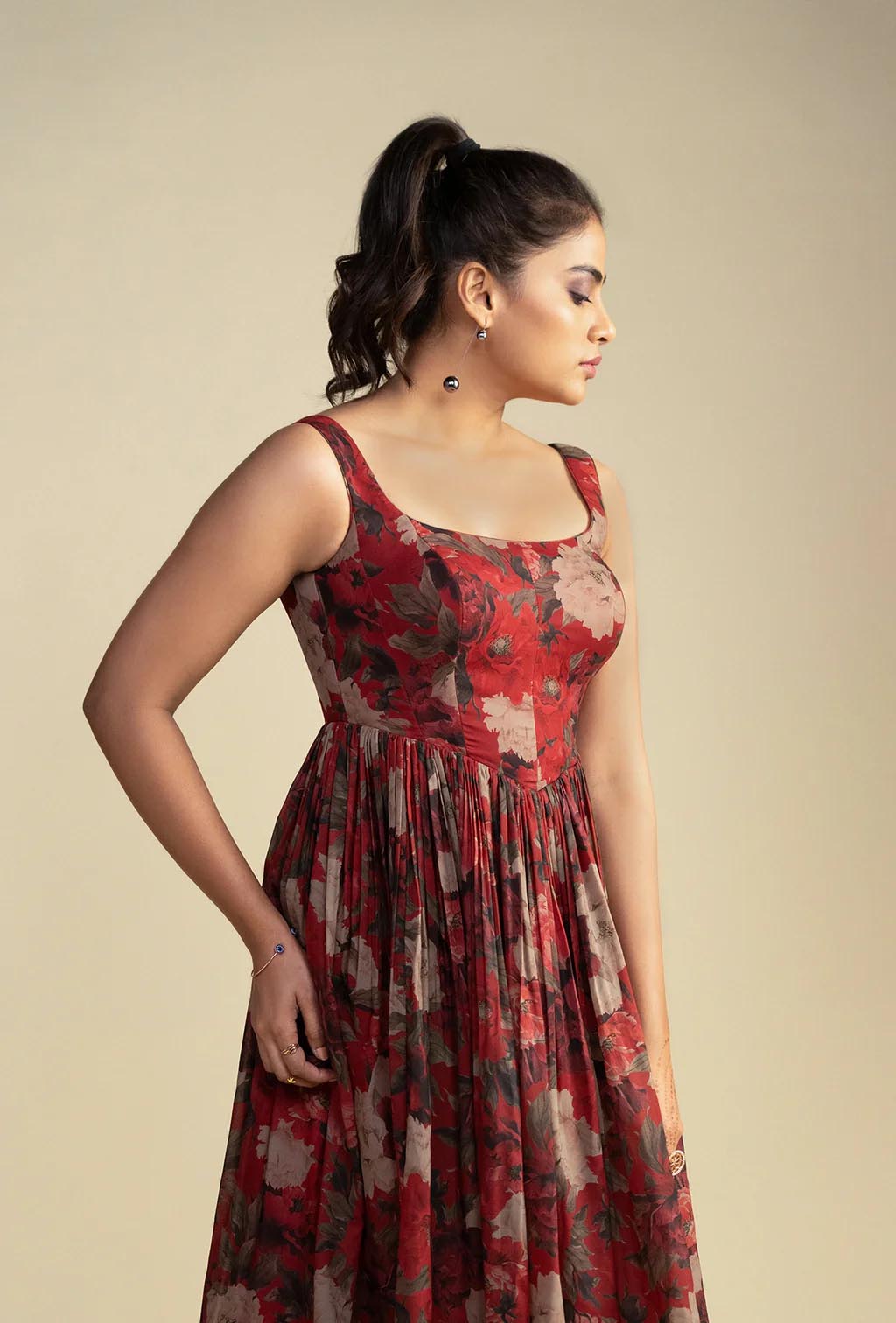 Brick Red Floral Print Short Corset Dress