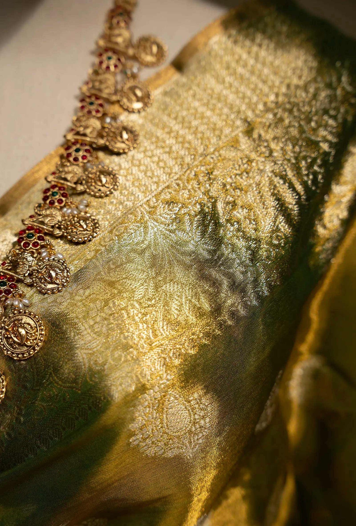 Pure Shimmer Organza Saree In Golden Green