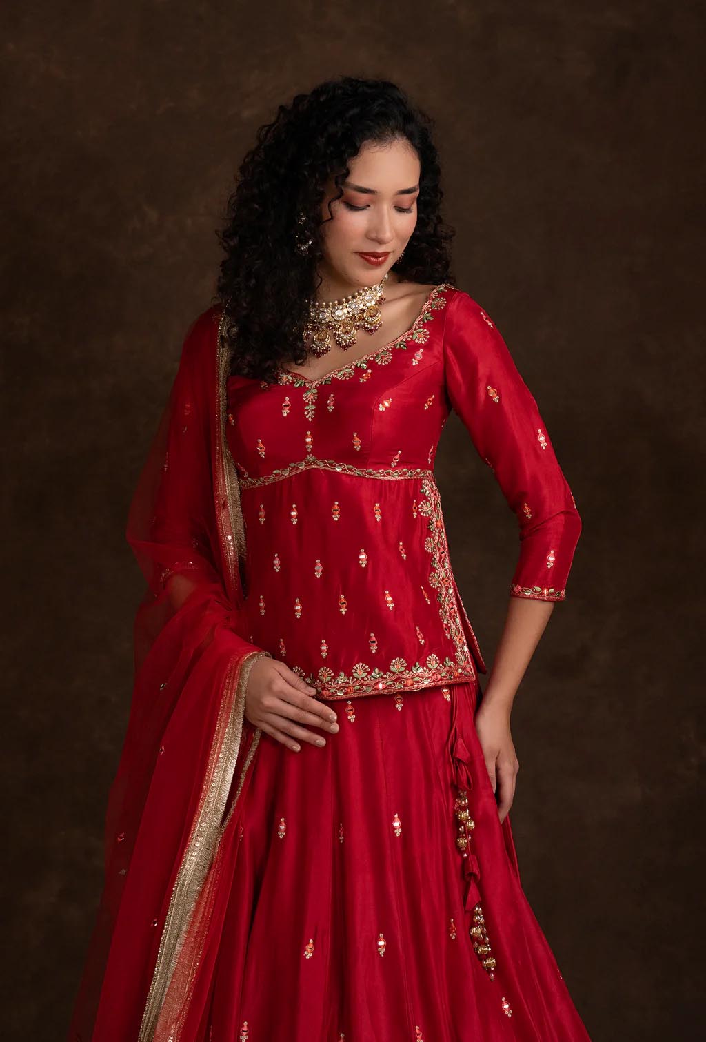 Raya Red Peplum Jacket Zariwork Lehenga Set with Net Dupatta