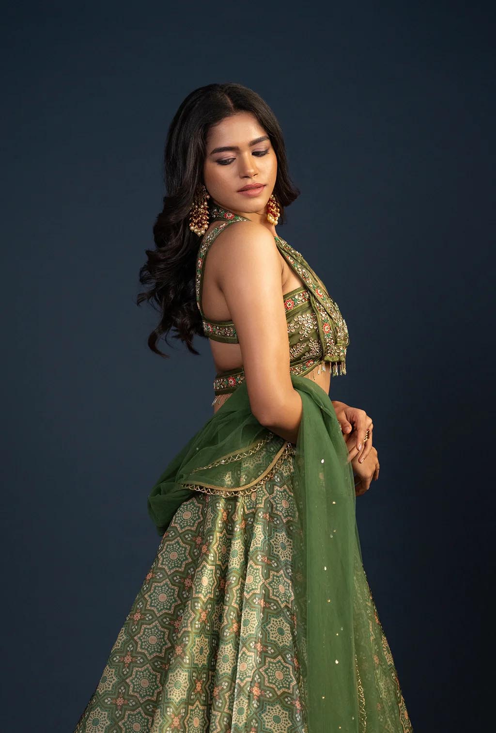 Maple Dark Olive Green Digitally Printed Criss Cross Neck Lehenga Set