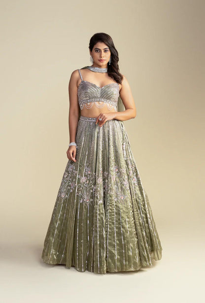 Aurum Moss Green Glass Organza Lehenga with Metallic Blouse