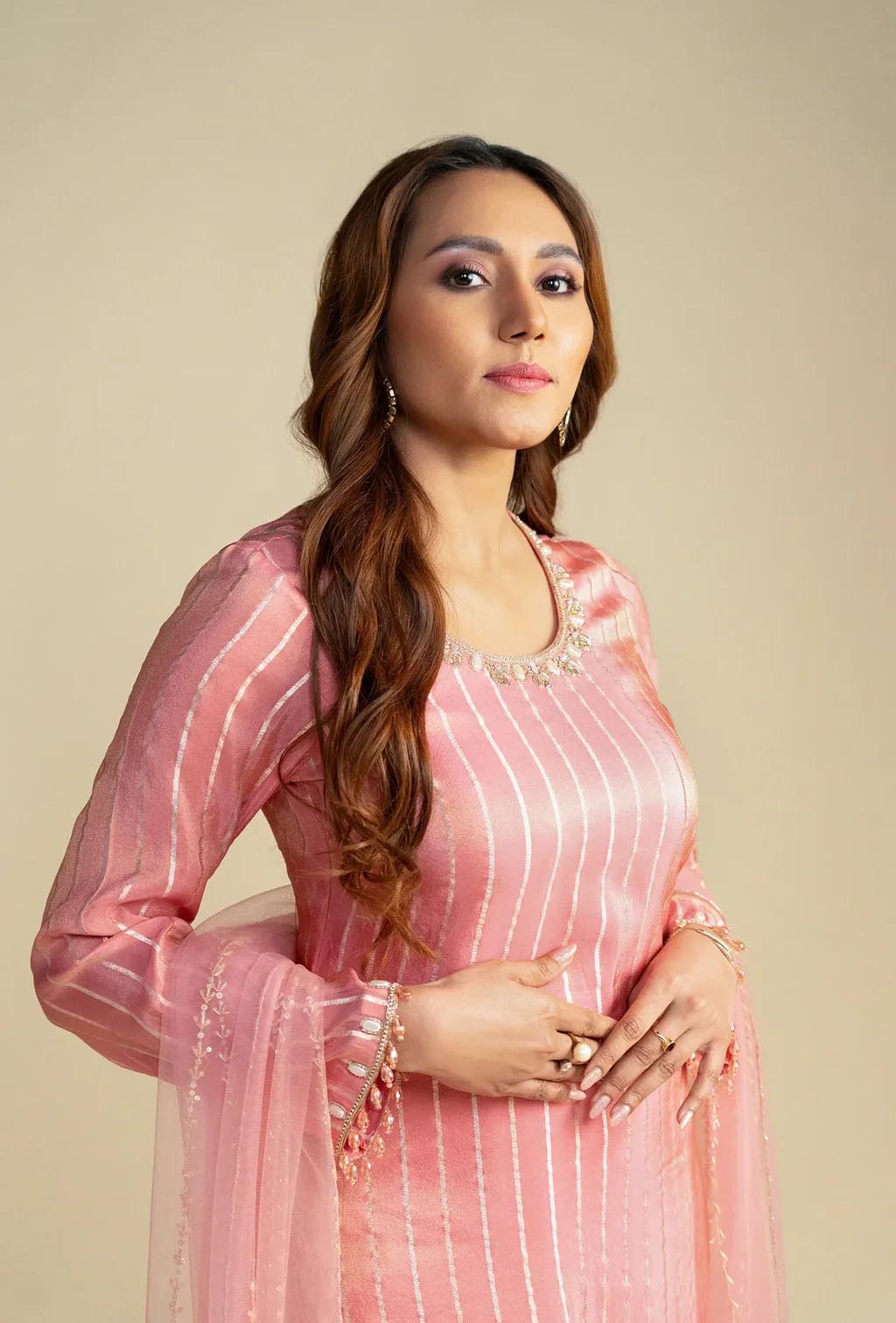 Light Pink Sequined Stripe Ethnic Kurta Set