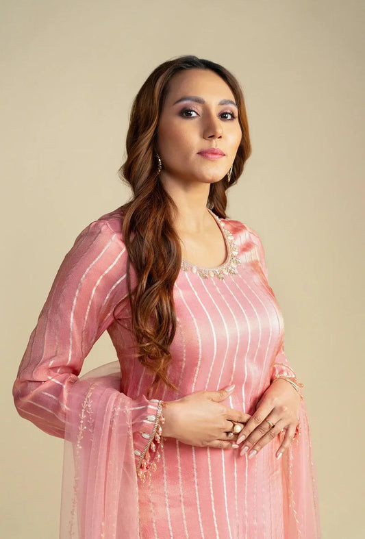 Light Pink Sequined Stripe Ethnic Kurta Set