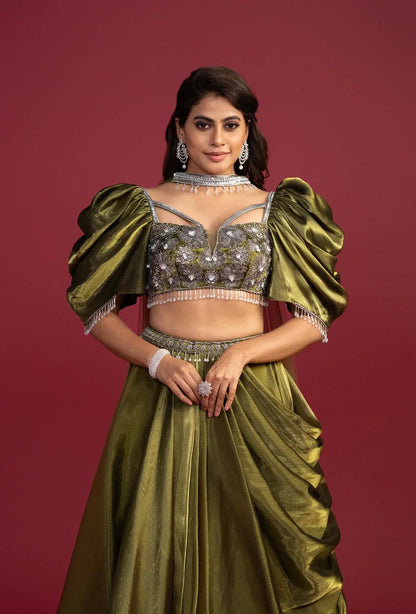 Juniper Dark Olive Green Ruffled Sleeves Lehenga Set