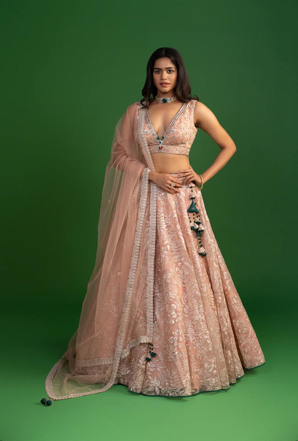 Camille Peach Embellished Cut Dana Organza Lehenga Set
