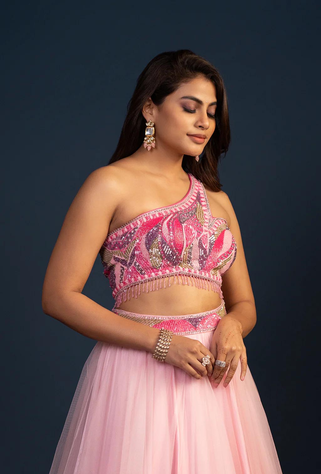 Dewrose Ombre Pink Net Lehenga with Asymmetric Blouse