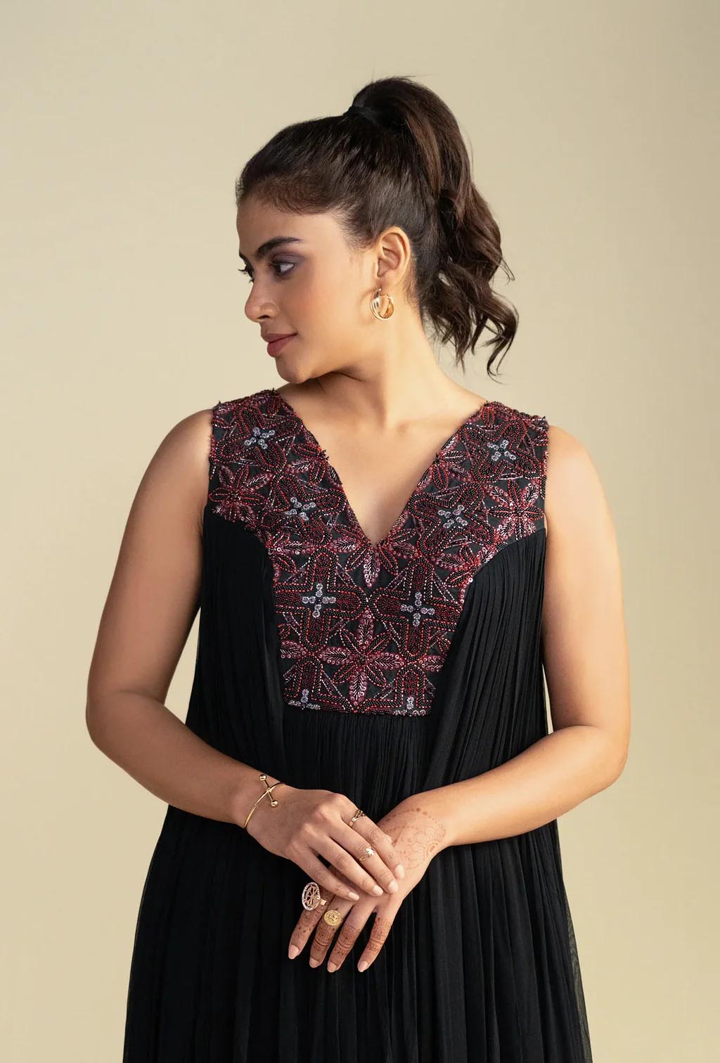 Black Embroidered Floor-Length Dress