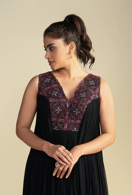 Black Embroidered Floor-Length Dress