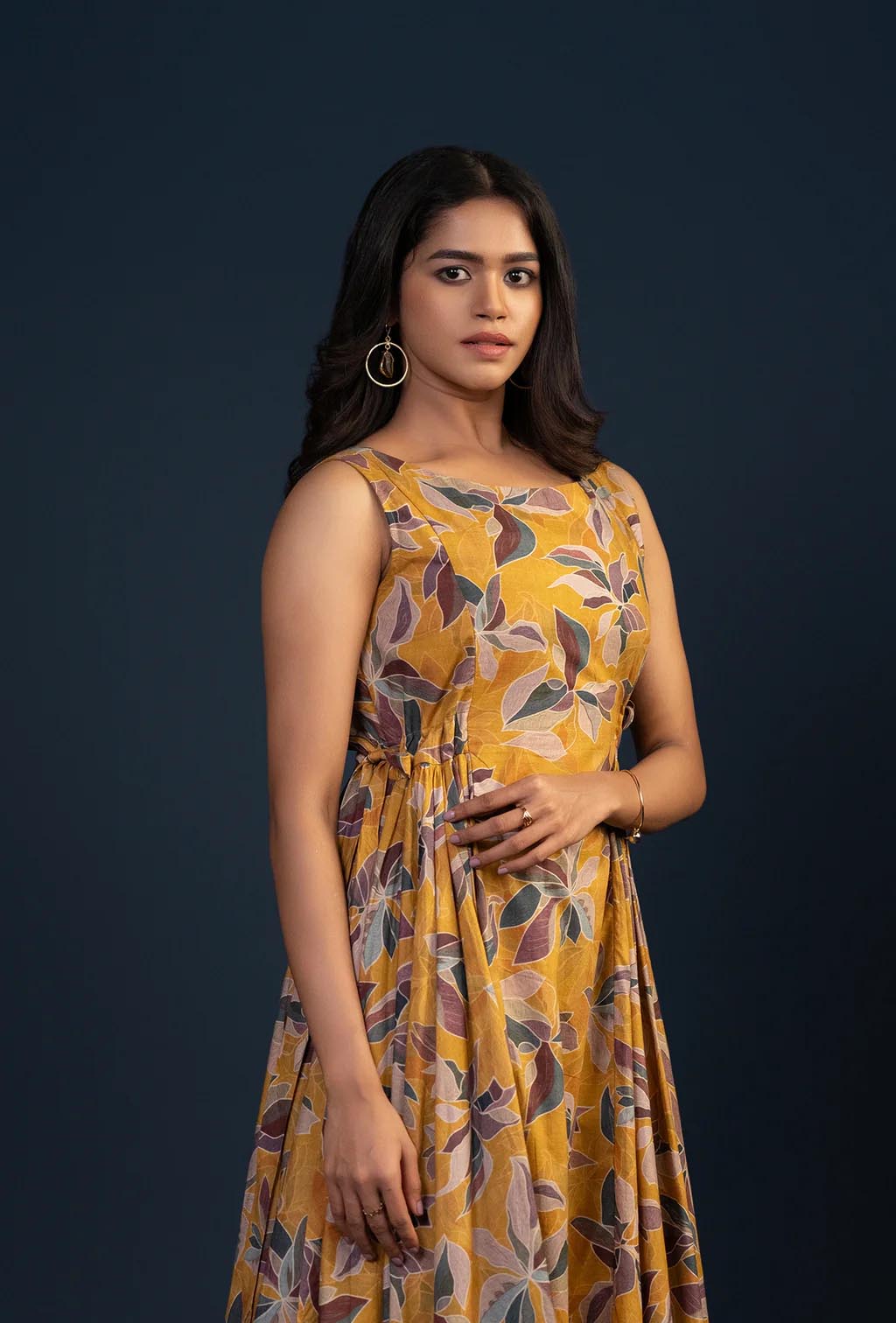 Ochre Floral Print Hip Pleated Midi Dress