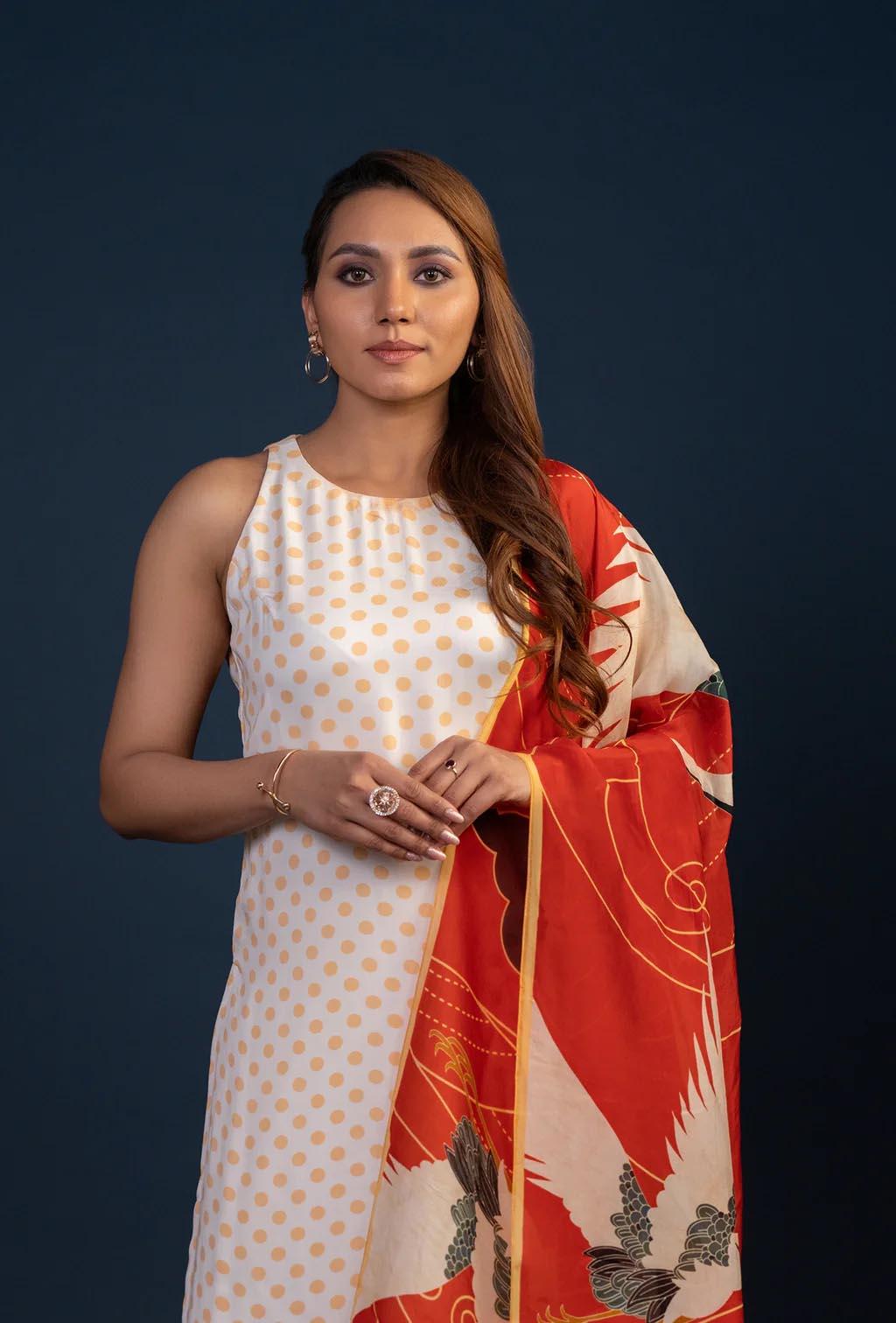 White Polka Dotted Kurta Set with Red Dupatta