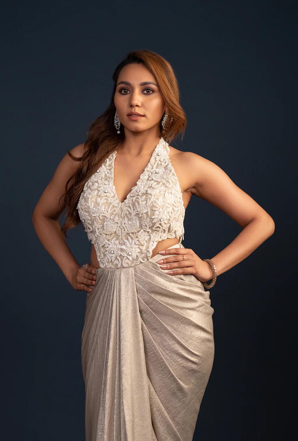 Audrey Grey Waist Cut Out Shimmer Gown